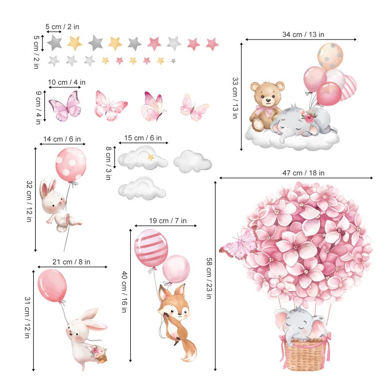 decalmile Animals Hot Air Balloon Wall Decals Flowers Balloons Elephant Bear Wall Stickers Baby Nursery Girls Bedroom Toddler Room Wall Decor - Image 4